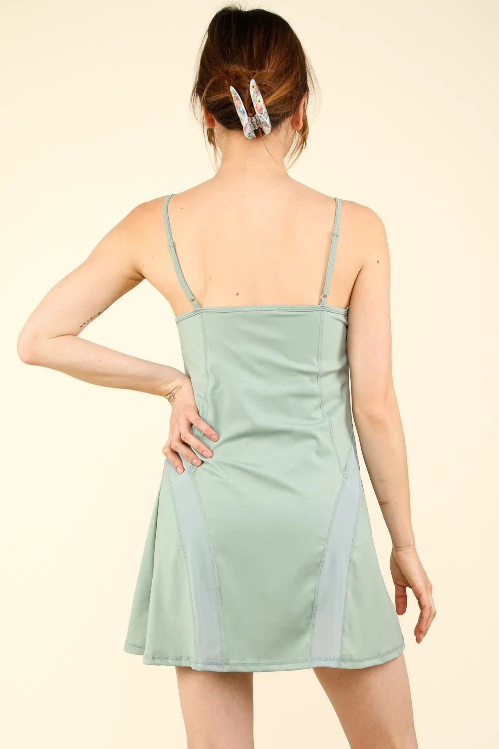 VERY J Mesh Detail Tennis Mini Active Dress w/ Shorts Inside - Sage