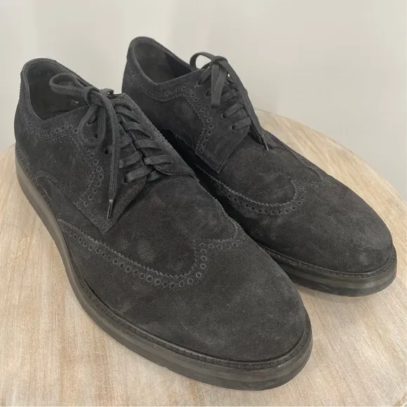 Vince Men’s Black Stamped Suede Pryce Wingtip Oxford Shoes Rubber Soles Size 8.5