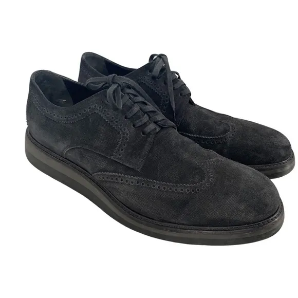 Vince Men’s Black Stamped Suede Pryce Wingtip Oxford Shoes Rubber Soles Size 8.5