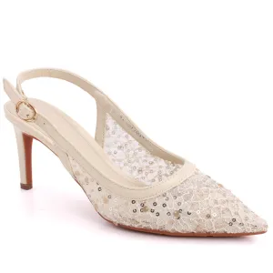 Women “ELDORA” Sling Buckle Strap Closed Toe Sequins Designed Net Stiletto Heel Sandals