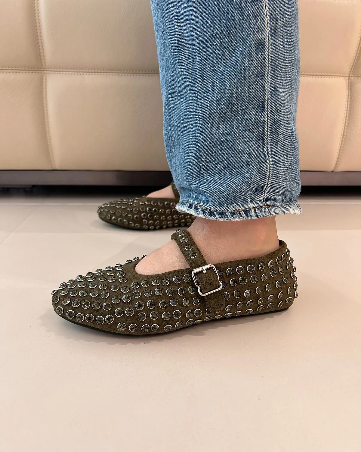 Women leather rhinestone flat shoes