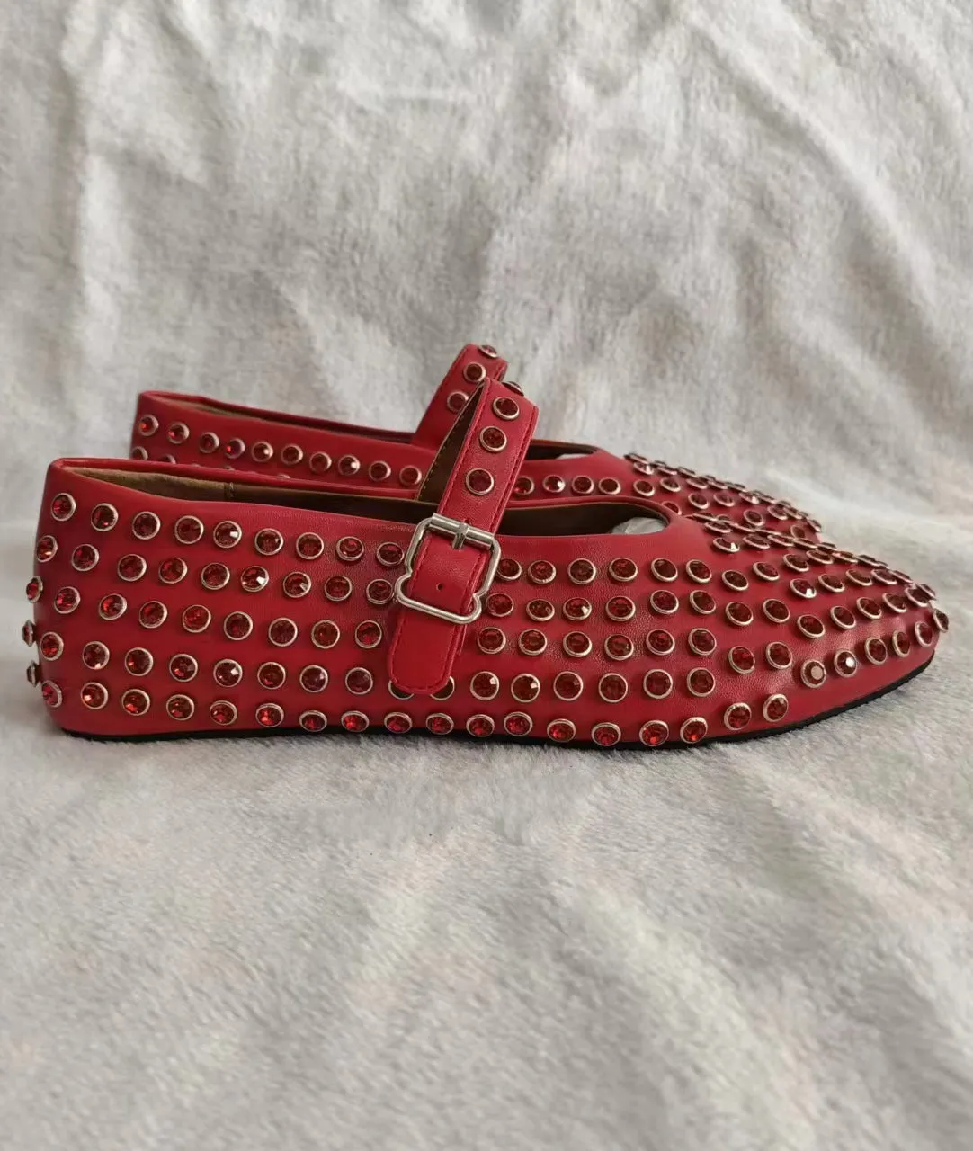 Women leather rhinestone flat shoes