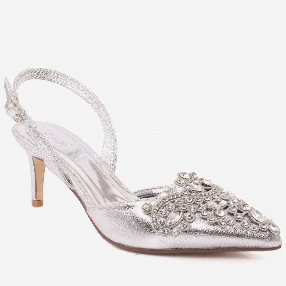 Women "TOBIAH" Sling Back Decorated Closed Toe Butterfly Lace Stiletto Heel Sandals
