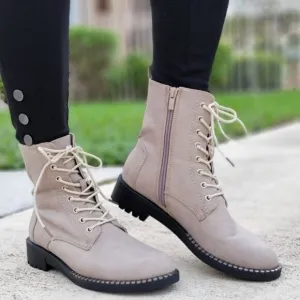 Women's Gray Lace Up Ankle Mid-Calf Combat Boots