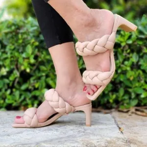 Women's Nude Double Braided Square Toe Mule Low Heel Sandal