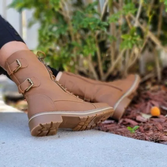 Women's Tan Lace up and Ankle Mid Calf Combat Boots