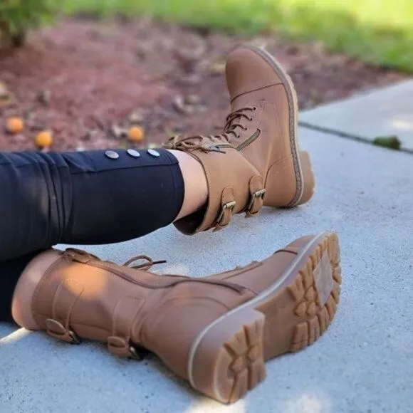 Women's Tan Lace up and Ankle Mid Calf Combat Boots