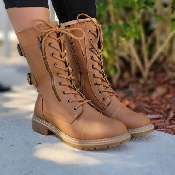 Women's Tan Lace up and Ankle Mid Calf Combat Boots